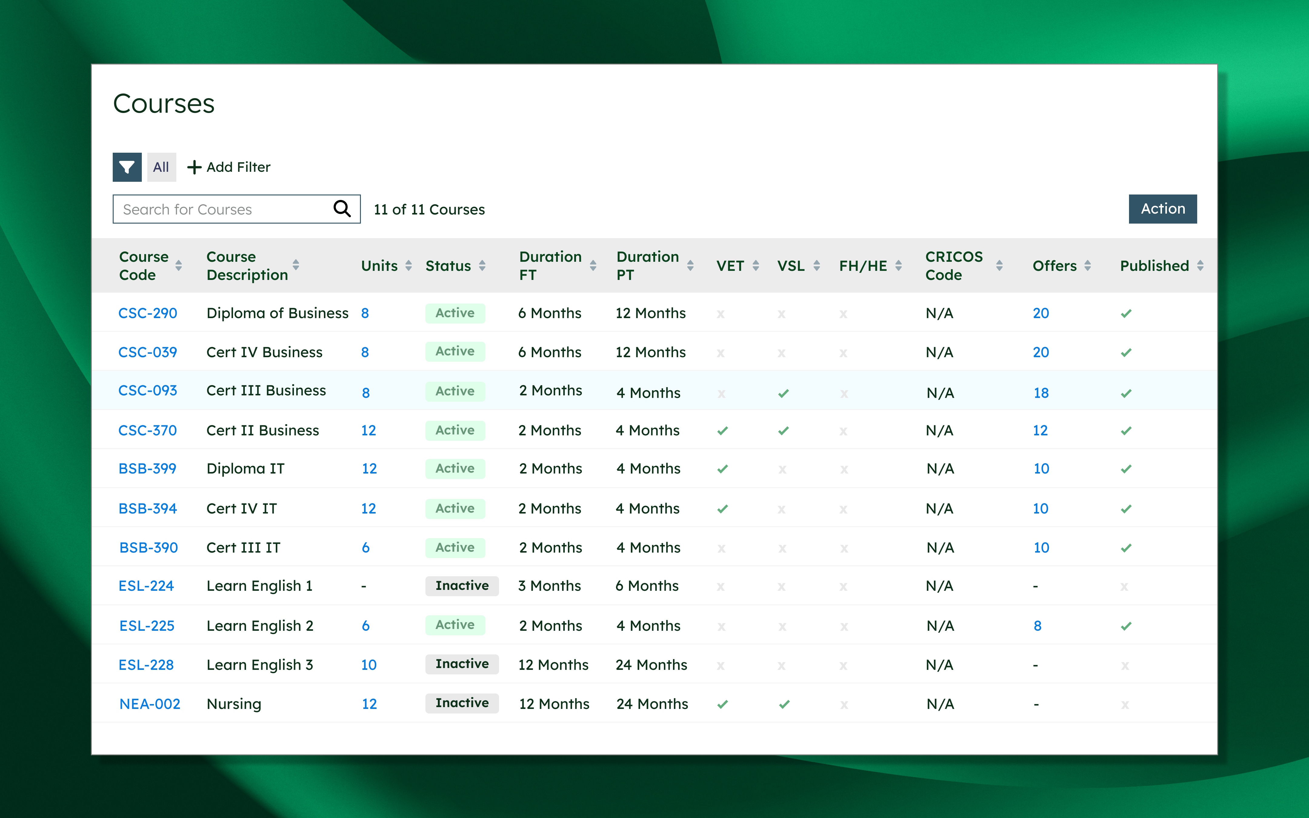 Courses and Units Filtered Lists slide 1